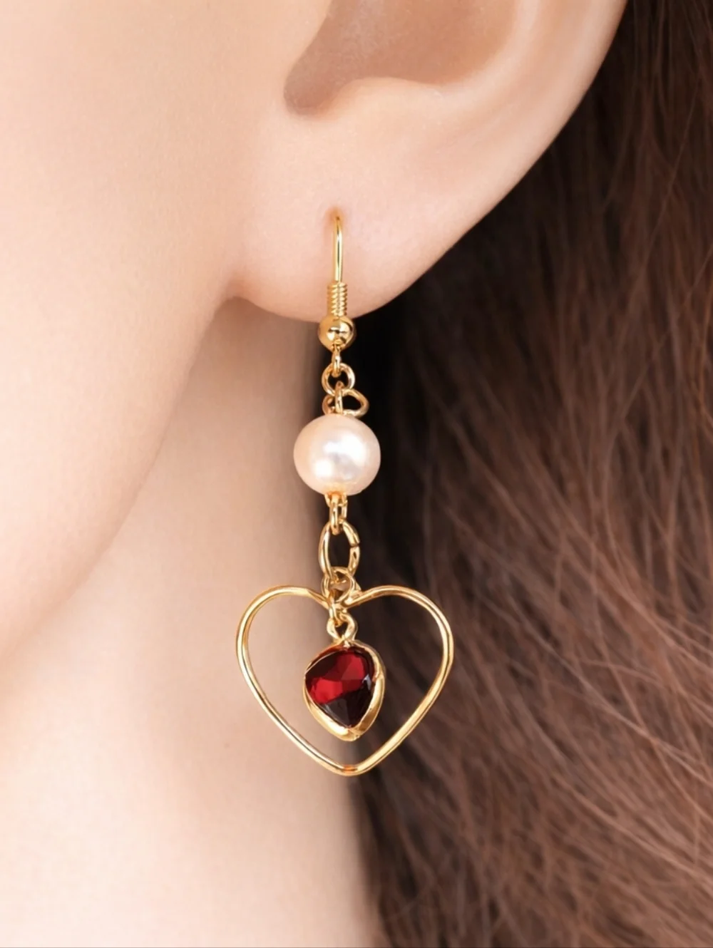 Women's  Gold Red Stone Heart Shape Beaded Earrings, 2.25-in Fashion Jewelry
